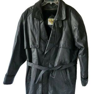 Vintage PHASE TWO Long LEATHER Trench Coat Black insulated Belted Men's Size L